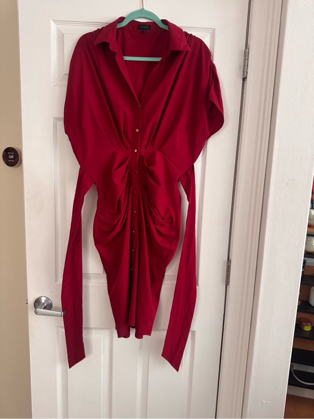 Miss Avenue Red Ruched Button-Front Long Sleeve Dress